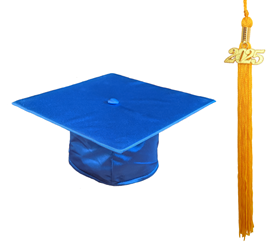 Royal Blue shiny cap with gold tassel with gold 2025 year date