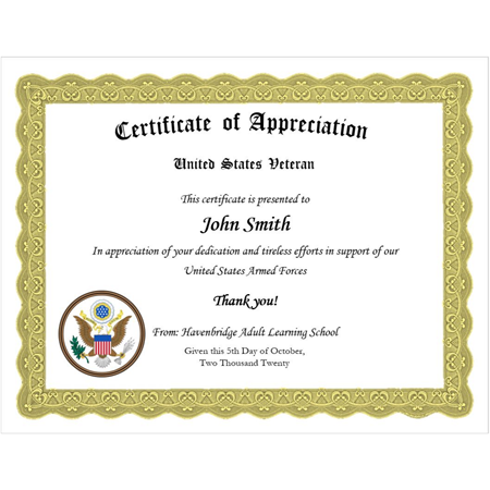 - Veteran's Certificate of Appreciation